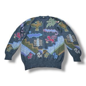 Perez Vintage Aztec Animal Dinosaur Knit Crewneck Sweater Alpaca Men’s Size XL